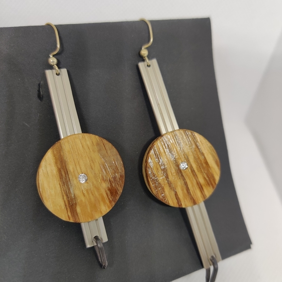 Laminated zebrawood and pine earrings on Aluminum with flat set cubic … main image 6